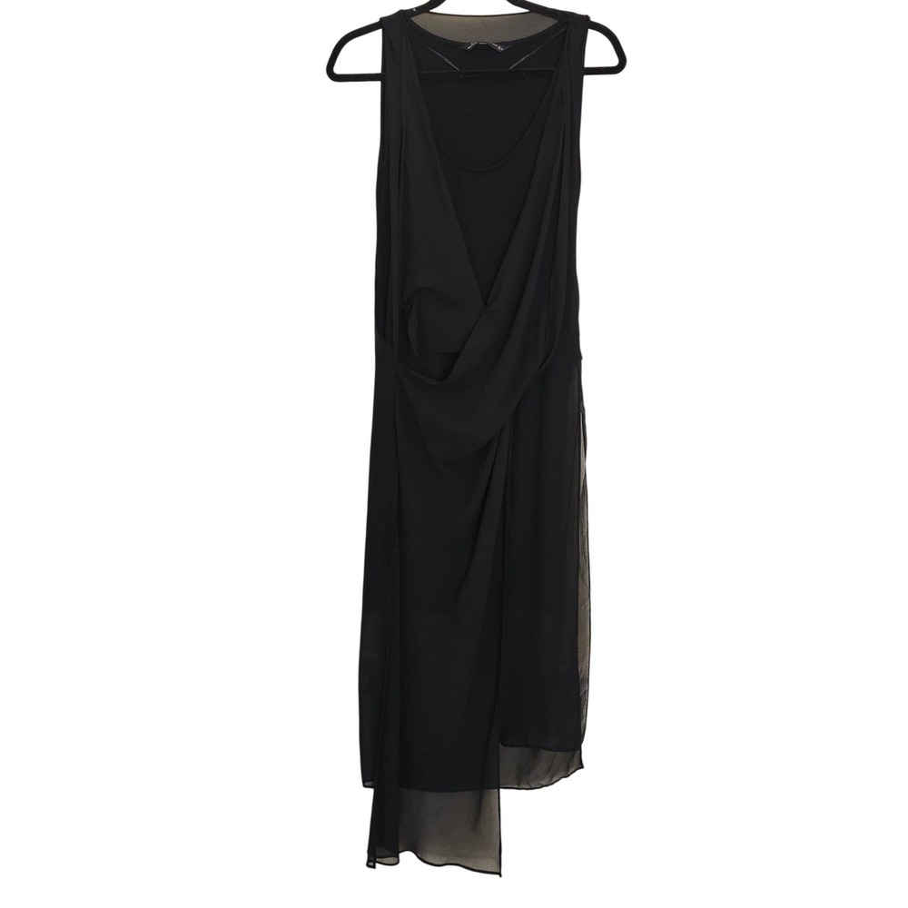 Zara Woman Black Draped Asymmetrical Sleeveless Midi Dress Size Large Chiffon